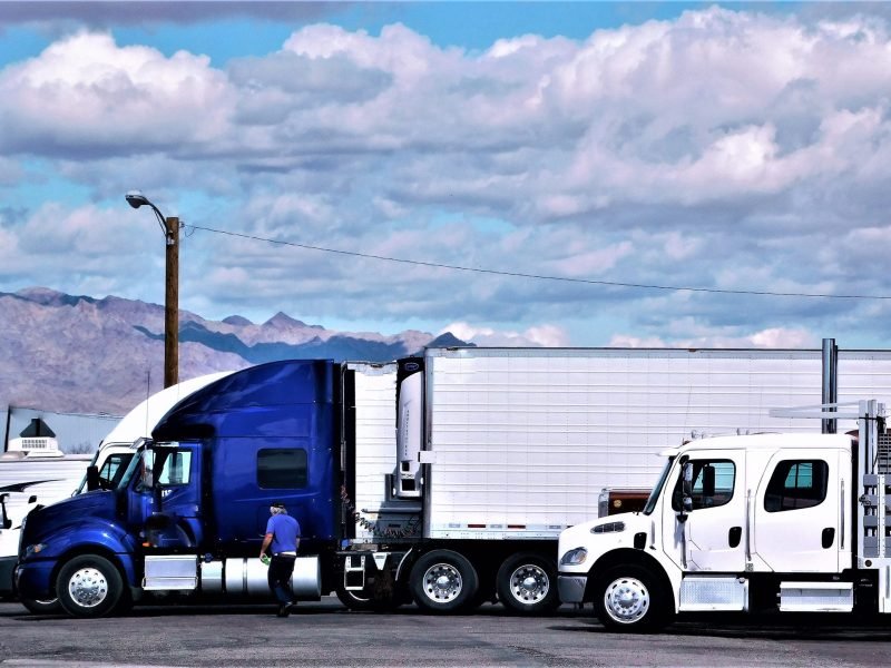 Tractor units at a truck stop between loads