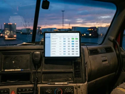 Tablet mounted in a truck cab showing a load-matching dashboard at dusk