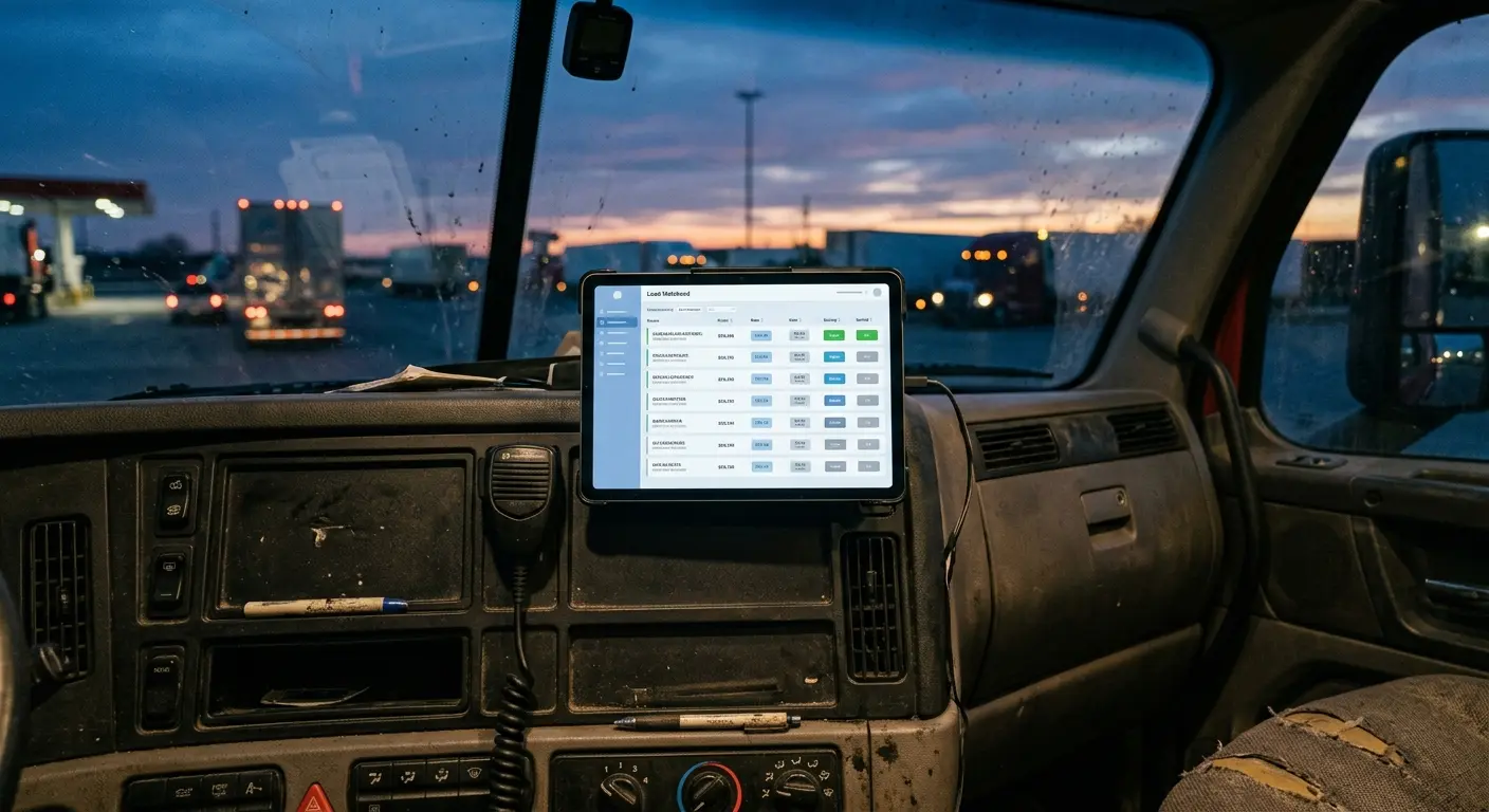Tablet mounted in a truck cab showing a load-matching dashboard at dusk
